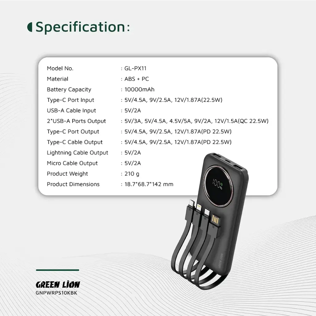 پاوربانک گرین مدل Power Pulse - ظرفیت ۱۰۰۰۰ میلی آمپر - ۲۲,۵ وات